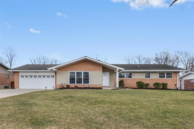 ranch-style house featuring brick siding, an attached garage, concrete driveway, and a front lawn