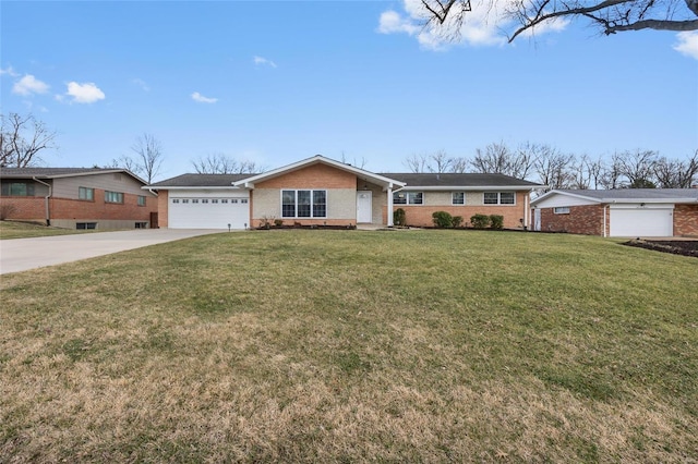 single story home featuring a front yard, an attached garage, brick siding, and driveway