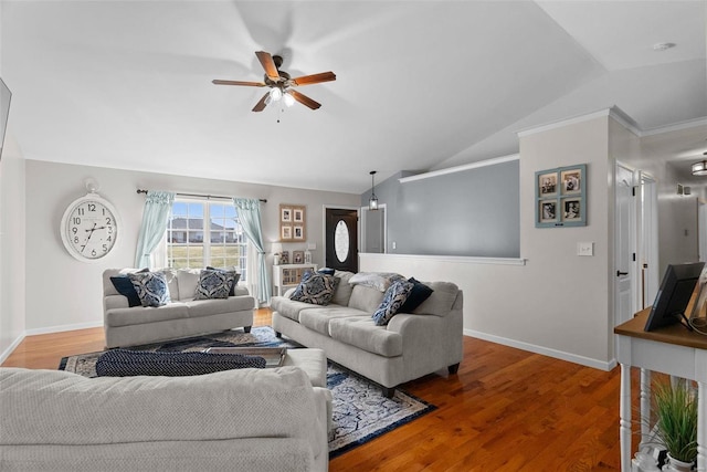 living area with a ceiling fan, lofted ceiling, baseboards, and wood finished floors