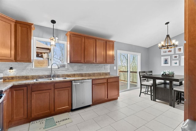 kitchen with brown cabinets, decorative light fixtures, decorative backsplash, a sink, and dishwasher