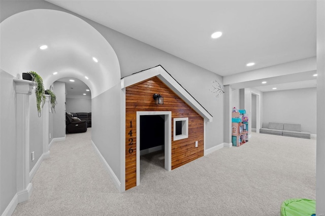 interior space with recessed lighting, carpet flooring, and baseboards