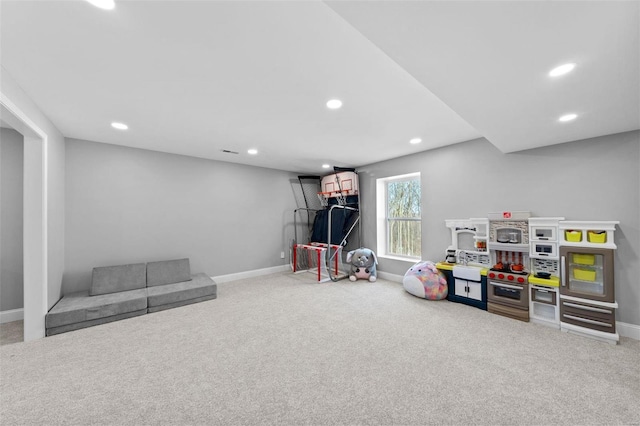 playroom featuring carpet, baseboards, and recessed lighting