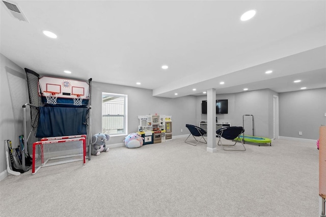 rec room featuring carpet floors, recessed lighting, visible vents, and baseboards