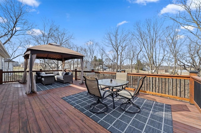 wooden deck with a gazebo, an outdoor living space, and outdoor dining space