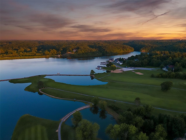 aerial view at dusk featuring a water view and a wooded view