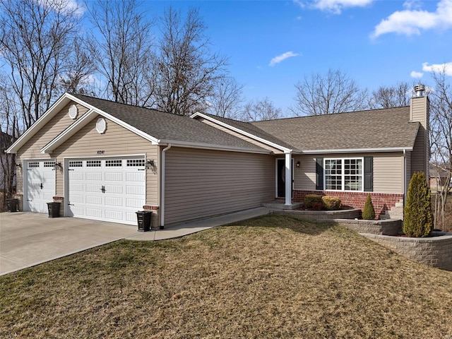 ranch-style house with brick siding, a chimney, an attached garage, a front yard, and driveway