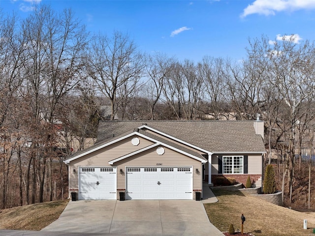 ranch-style house with a garage, brick siding, concrete driveway, a chimney, and a front yard