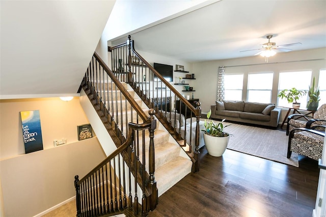 staircase featuring a ceiling fan, baseboards, and wood finished floors