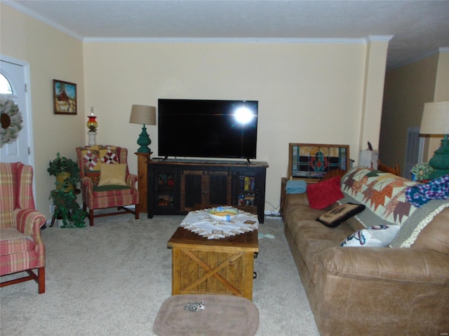 living area featuring ornamental molding and carpet