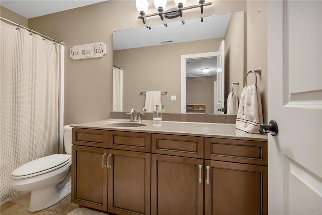 full bathroom featuring visible vents, toilet, and vanity