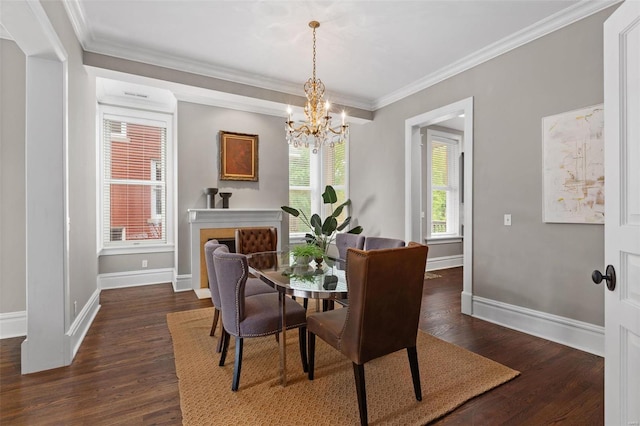 dining space with dark wood-style floors, a fireplace, ornamental molding, and baseboards