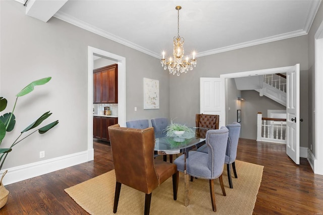 dining room with a chandelier, wood finished floors, baseboards, stairway, and crown molding