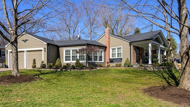 ranch-style home featuring a front lawn, concrete driveway, roof with shingles, a chimney, and an attached garage