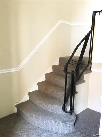 stairway featuring carpet flooring