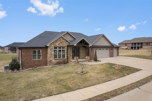 view of front of home featuring a garage, a front yard, concrete driveway, and brick siding