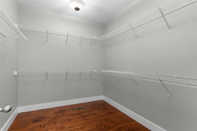 spacious closet featuring dark wood-style floors and visible vents