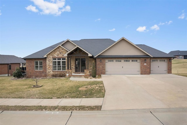 view of front of home featuring an attached garage, brick siding, concrete driveway, and a front yard