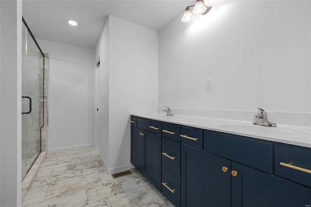 full bathroom with visible vents, baseboards, a stall shower, a sink, and marble finish floor