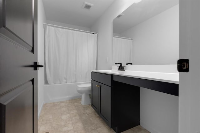 bathroom with vanity, toilet, shower / bathtub combination with curtain, and visible vents