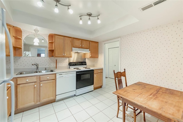 kitchen featuring under cabinet range hood, white appliances, a sink, open shelves, and wallpapered walls