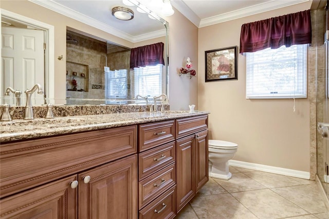 full bath with tile patterned flooring, crown molding, toilet, a tile shower, and a sink