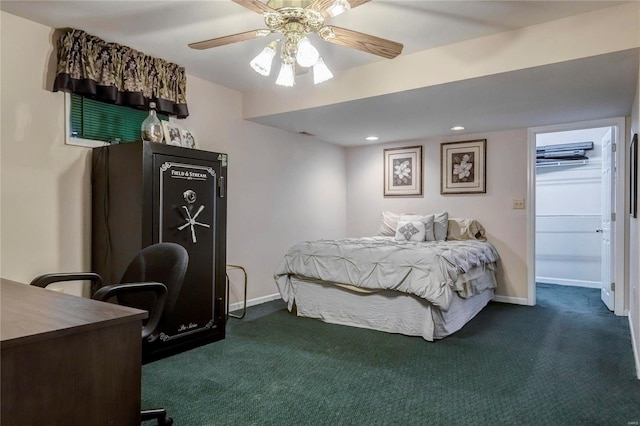 bedroom with recessed lighting, ceiling fan, baseboards, and dark colored carpet