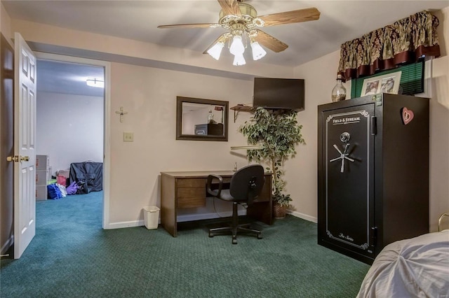 bedroom featuring a ceiling fan, baseboards, and carpet floors