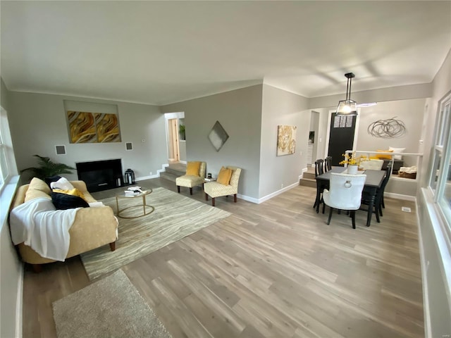 living area with a fireplace, baseboards, and wood finished floors