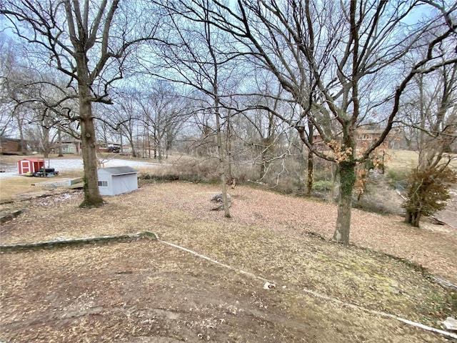 view of yard with a storage shed and an outdoor structure