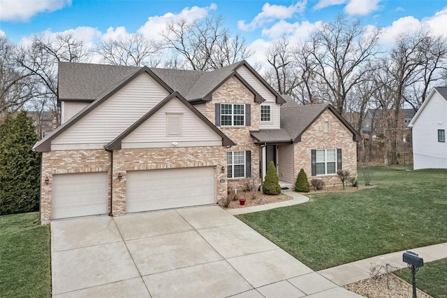 traditional-style home with brick siding, roof with shingles, an attached garage, a front yard, and driveway