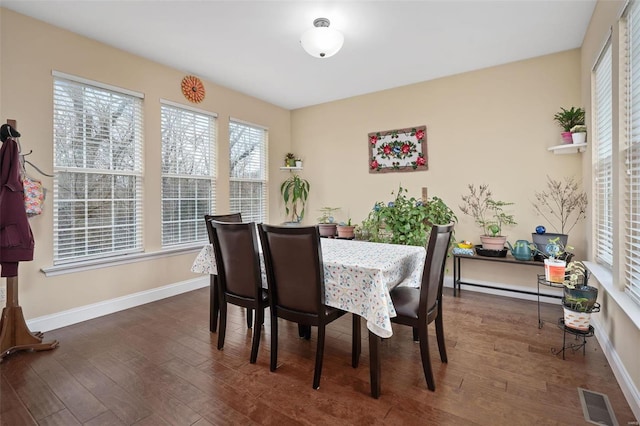 dining room featuring dark wood finished floors, visible vents, and baseboards