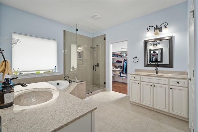 full bath featuring a walk in closet, two vanities, a sink, and a shower stall