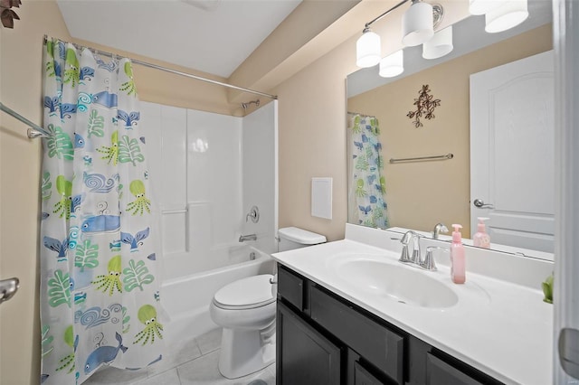 full bathroom featuring toilet, shower / bath combo, vanity, and tile patterned floors