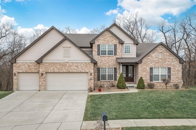 view of front of house with a garage, brick siding, concrete driveway, roof with shingles, and a front yard