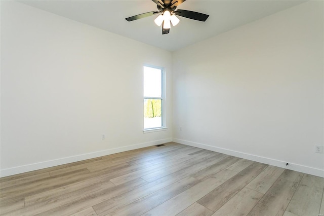 empty room with light wood-style floors, visible vents, ceiling fan, and baseboards