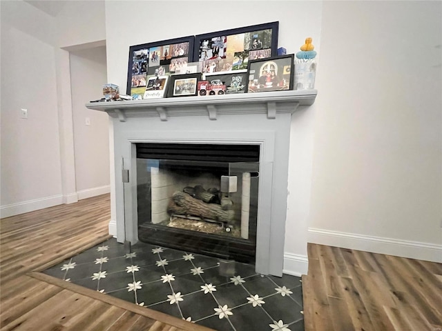 details featuring wood finished floors, a glass covered fireplace, and baseboards