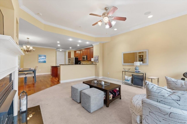 living room with light carpet, baseboards, ornamental molding, and recessed lighting