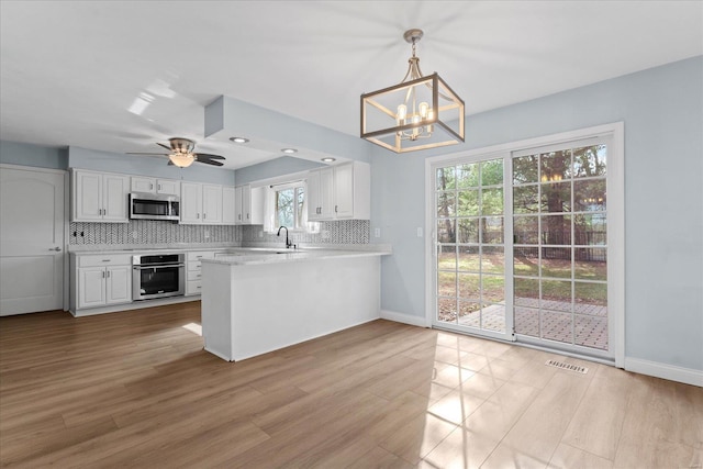 kitchen featuring tasteful backsplash, visible vents, a peninsula, stainless steel appliances, and white cabinetry