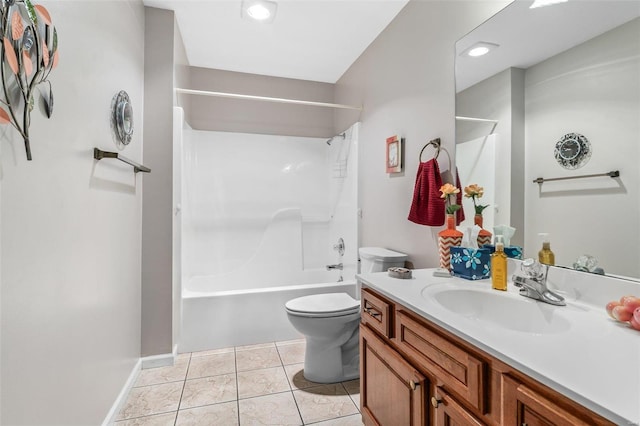 full bathroom with shower / tub combination, tile patterned flooring, toilet, recessed lighting, and vanity