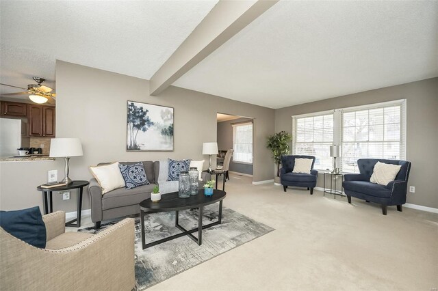 living area with a textured ceiling, baseboards, beam ceiling, and light colored carpet