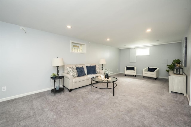 living area featuring recessed lighting, carpet flooring, and baseboards