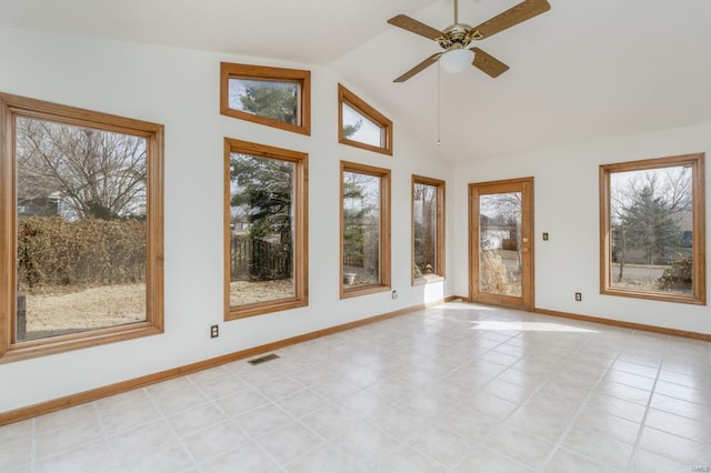 unfurnished sunroom with a ceiling fan, lofted ceiling, and visible vents