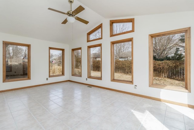 empty room featuring a ceiling fan, lofted ceiling, visible vents, and baseboards