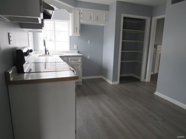 kitchen with baseboards, white cabinets, wood finished floors, light countertops, and a sink