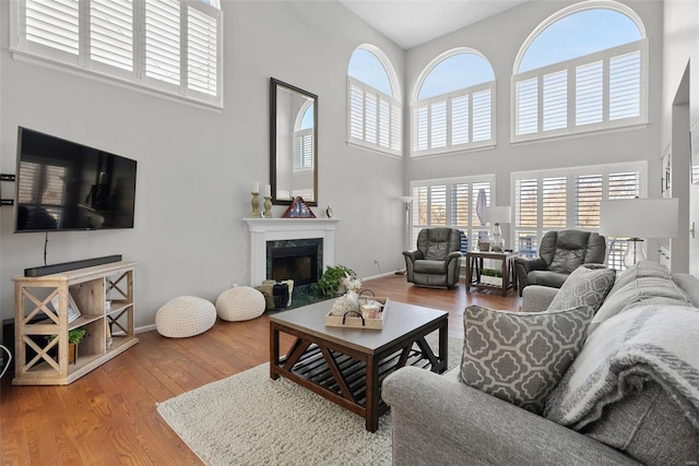 living area featuring a towering ceiling, baseboards, wood finished floors, and a high end fireplace