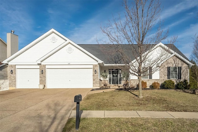 ranch-style house featuring a garage, a front yard, concrete driveway, and brick siding