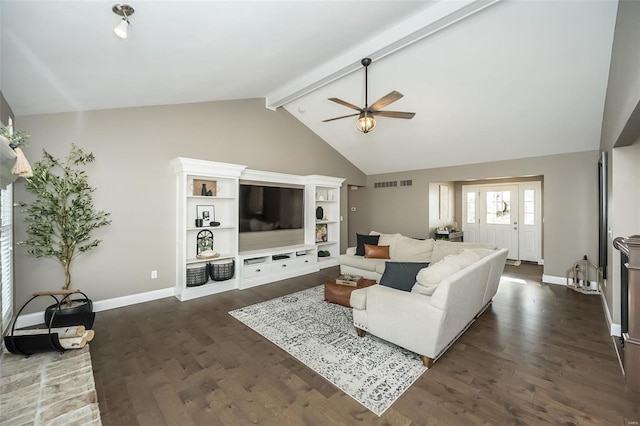 living room with baseboards, visible vents, dark wood-style flooring, beamed ceiling, and high vaulted ceiling