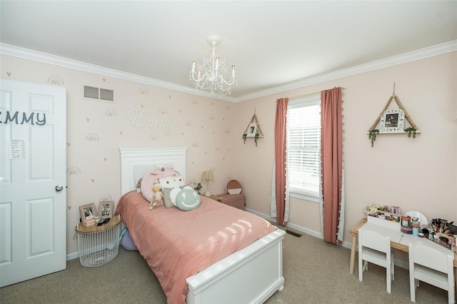 bedroom featuring ornamental molding, visible vents, a notable chandelier, and light carpet