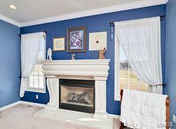 interior space with baseboards, carpet, a glass covered fireplace, and ornamental molding