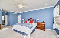 bedroom featuring ceiling fan, baseboards, carpet floors, and ornamental molding